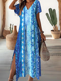 Women's V-Neck Spliced Stripe Pattern Short Sleeve Dress