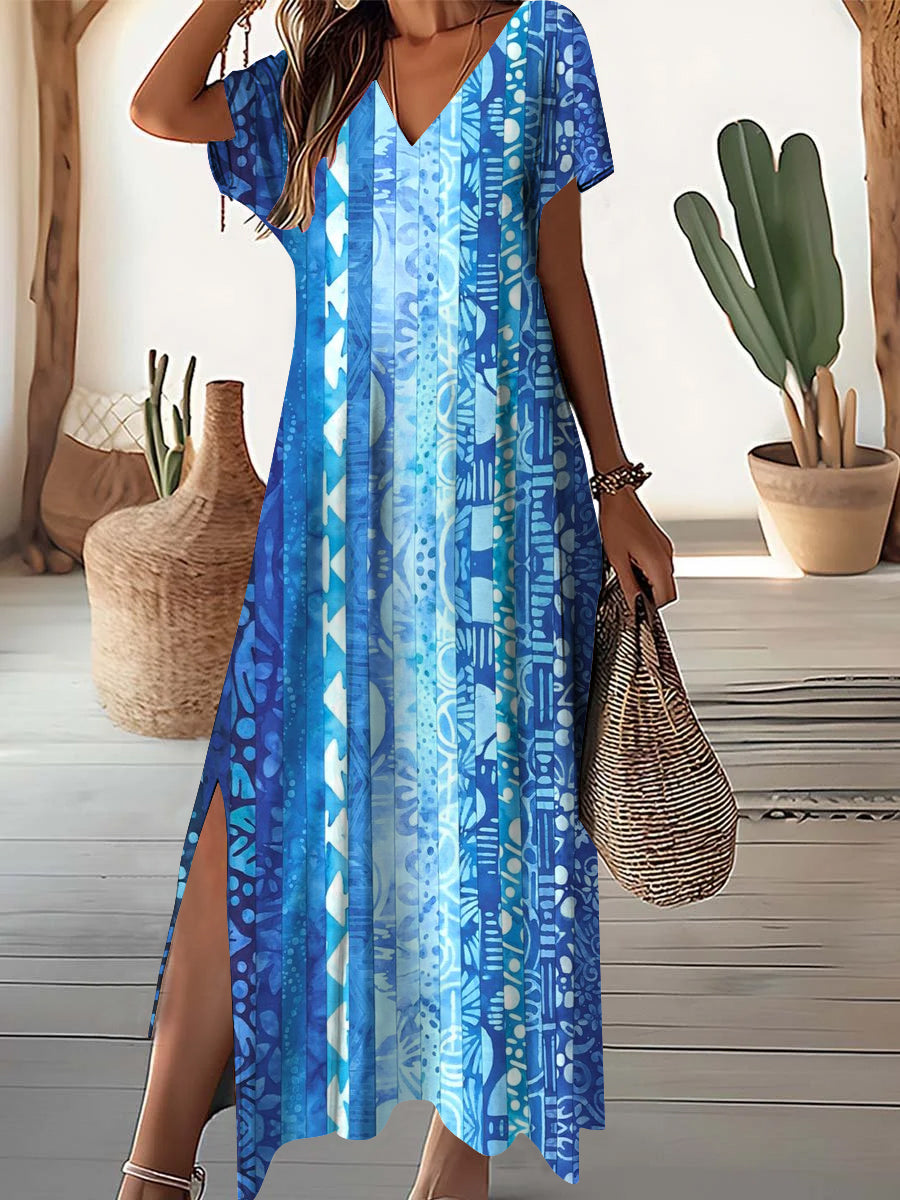 Women's V-Neck Spliced Stripe Pattern Short Sleeve Dress