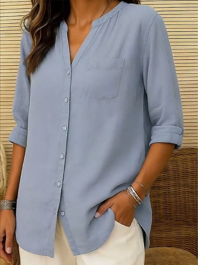 Women'S Casual Solid Color V-Neck Shirt