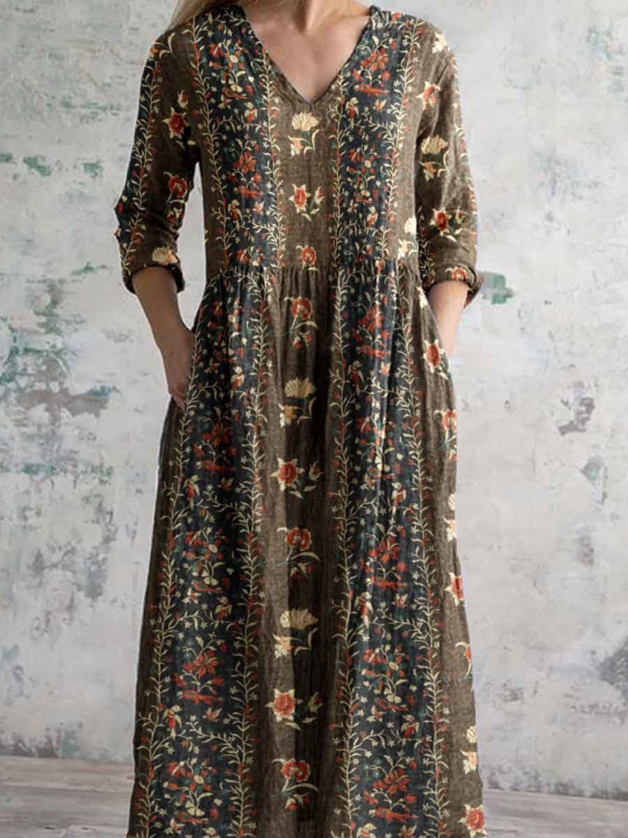 Women's Elegant Ethnic Geometric Floral Pattern Cotton Dress
