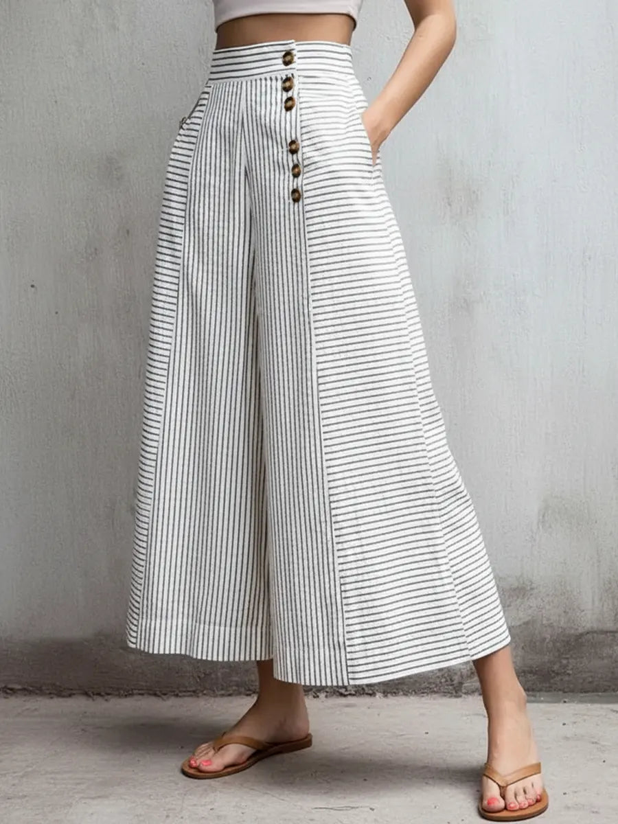 Women's Casual Striped Linen And Cotton Wide-leg Trousers