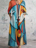 Women's V-Neck Abstract Figure Art Print Cotton And Linen Pocket Dress