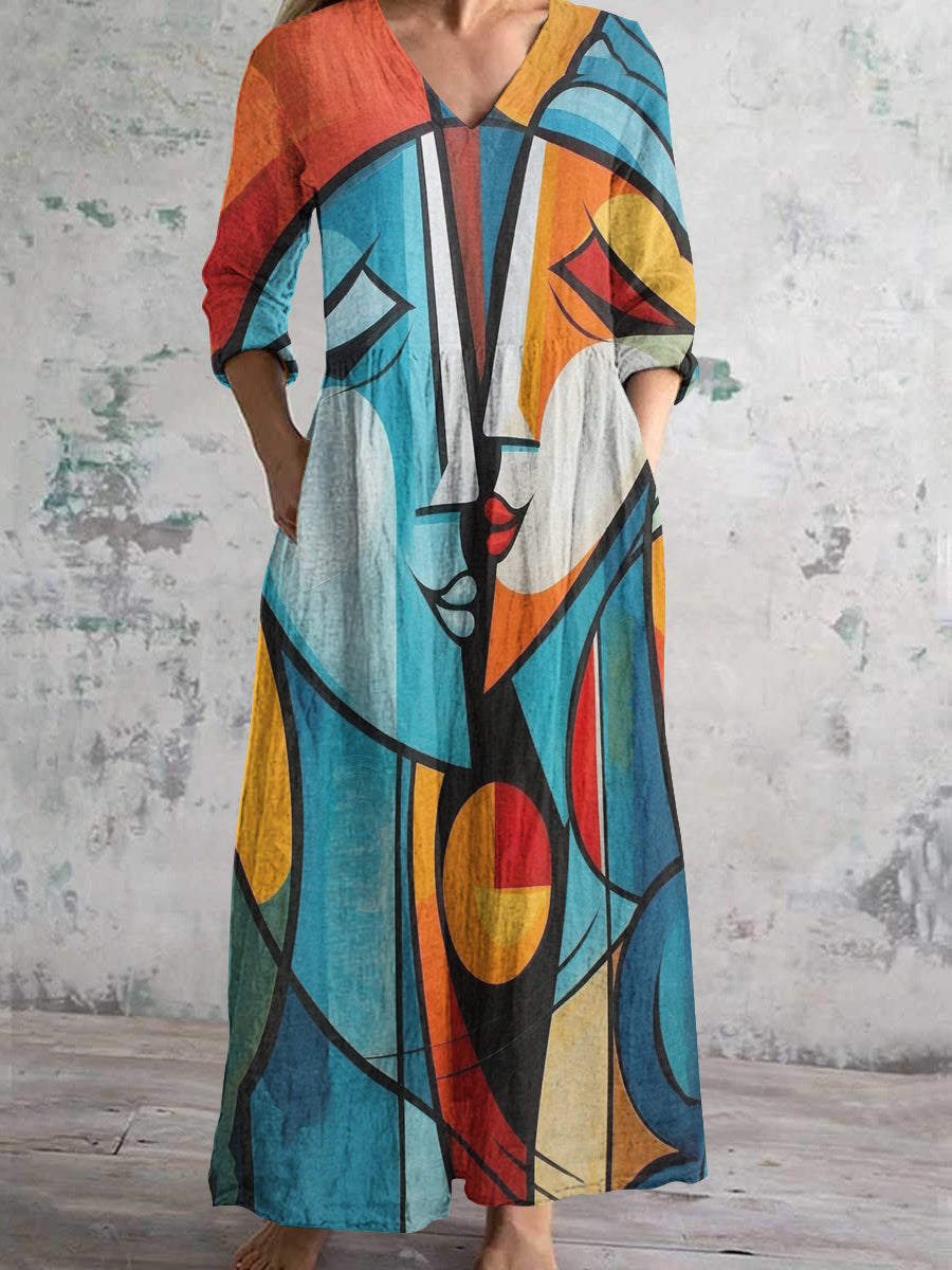 Women's V-Neck Abstract Figure Art Print Cotton And Linen Pocket Dress