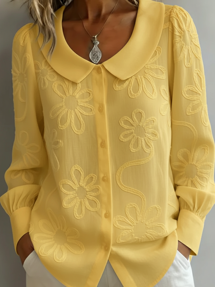 Elegant Peter Pan Collar Embroidered Floral Shirt