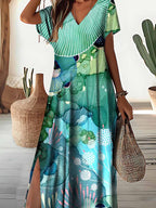 Women's Underwater World Pattern Resort Style V-Neck Dress
