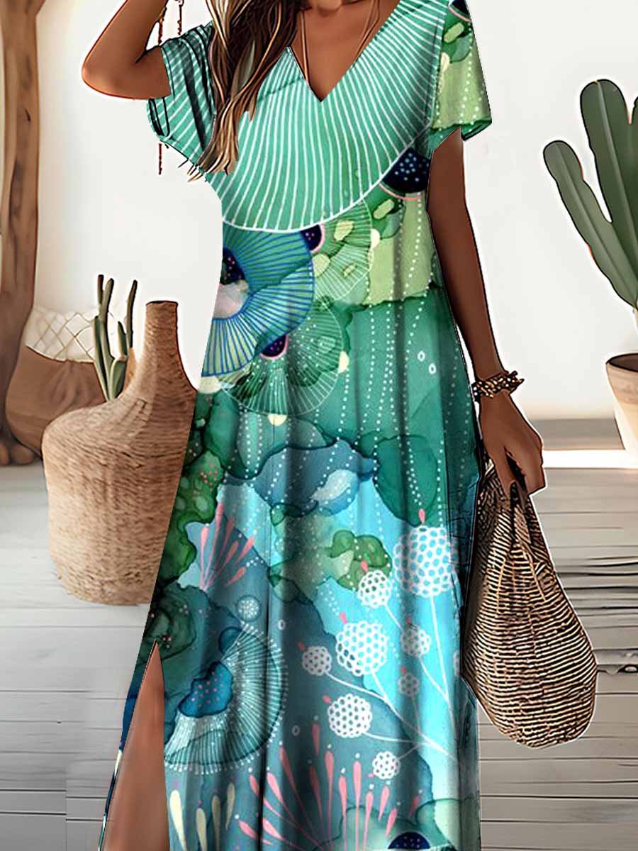 Women's Underwater World Pattern Resort Style V-Neck Dress