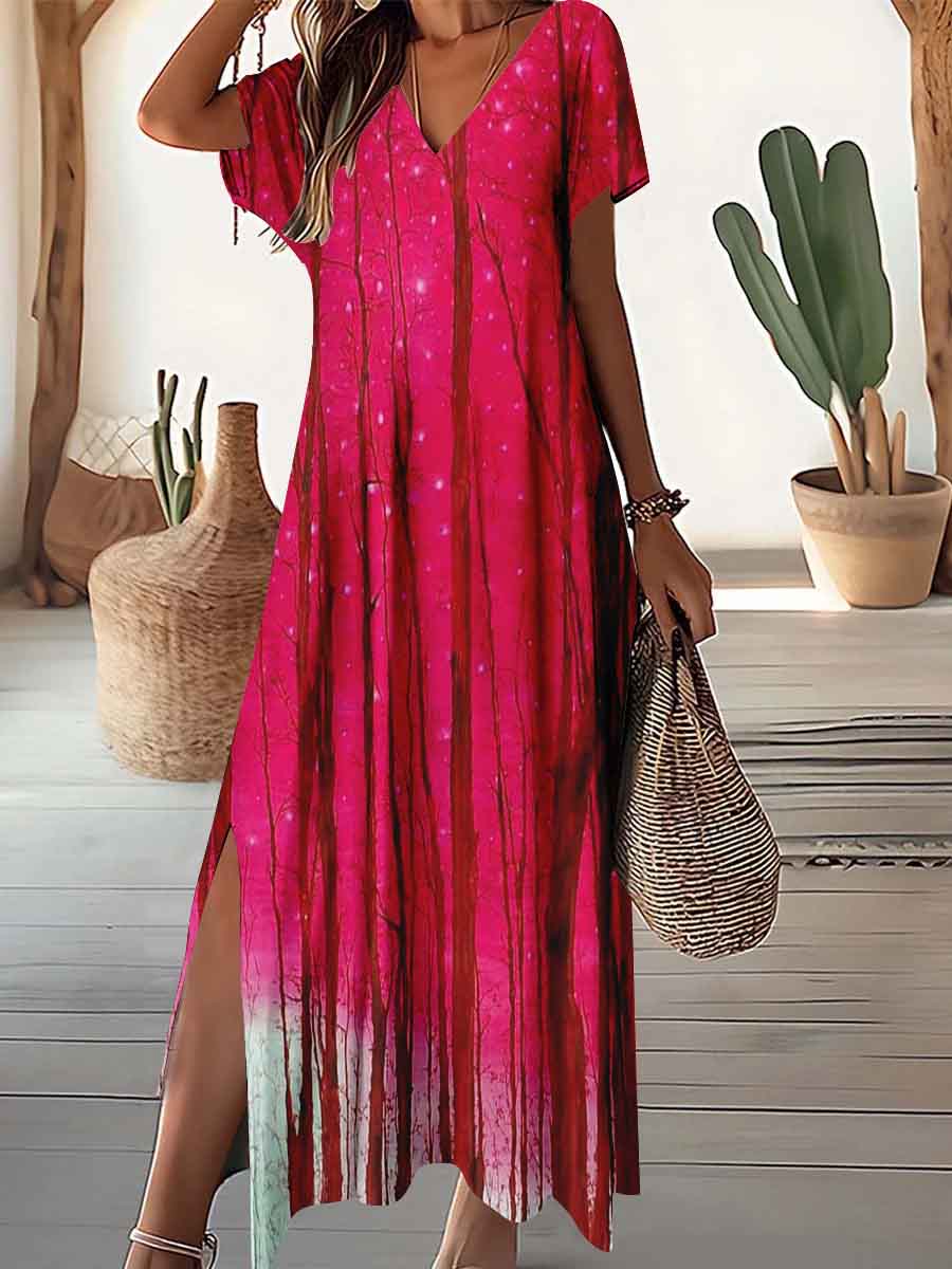 Women's V-neck starry forest art print dress