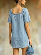 Casual Square-neck Frayed-hem Denim Mini Dress