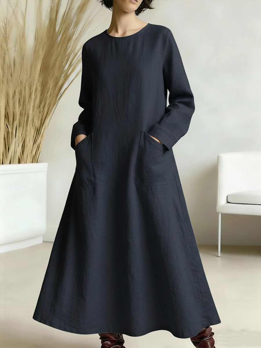 Women's Solid Color Round Neck Long-sleeved Casual Loose A-line Cotton And Linen Dress