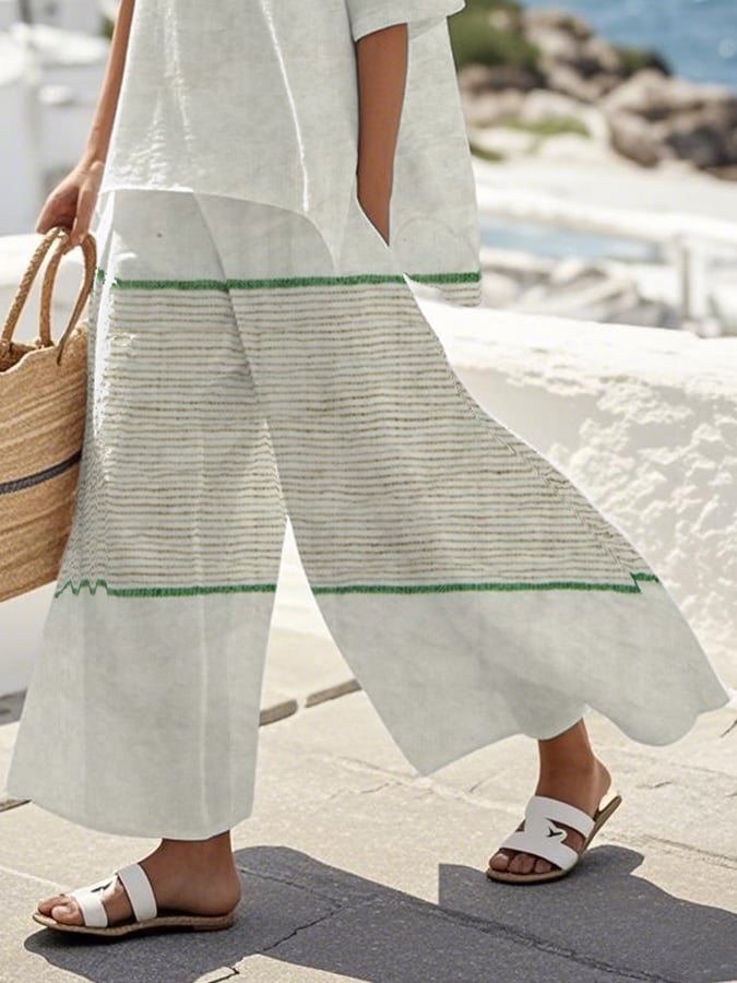 Women's Loose Round Neck Striped Contrast Color Pants Set