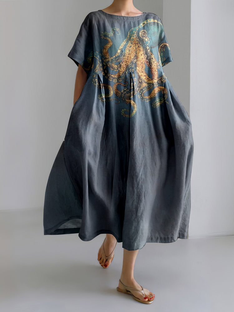 Japanese Octopus Art Linen Blend Casual Dress