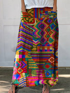 Women's Vintage Ethnic Pattern Art Print Linen Pocket Skirt