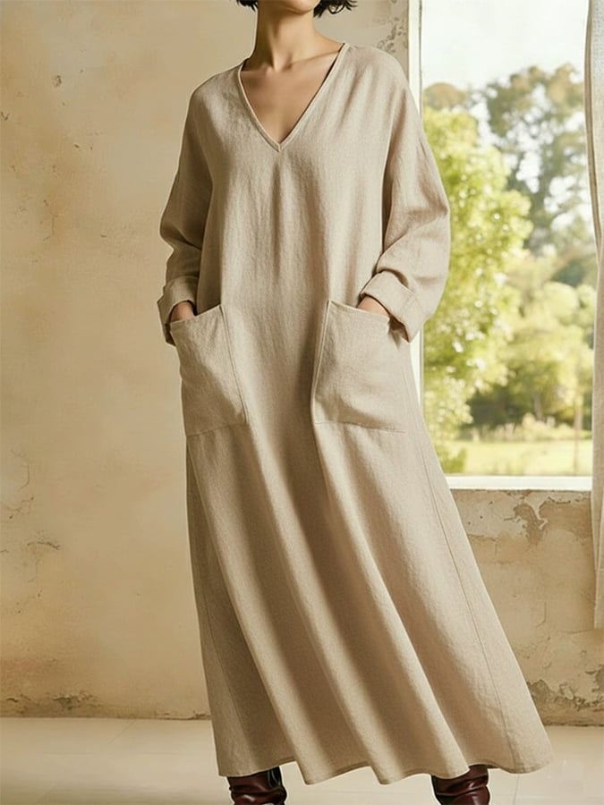 Women'S Casual V-Neck Loose-Fitting Long-Sleeved Dress With Pockets