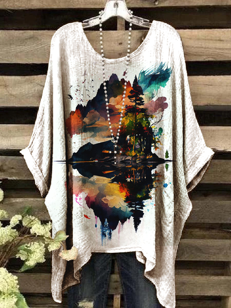 Women's Vintage Watercolor Lake Landscape Pattern Crew Neck Top