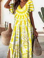 Women's V-Neck Knitted Floral Pattern Dress