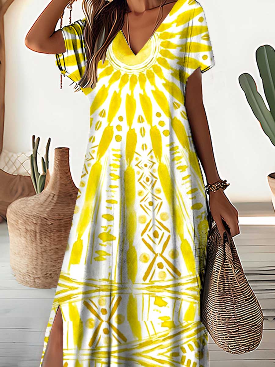 Women's V-Neck Knitted Floral Pattern Dress