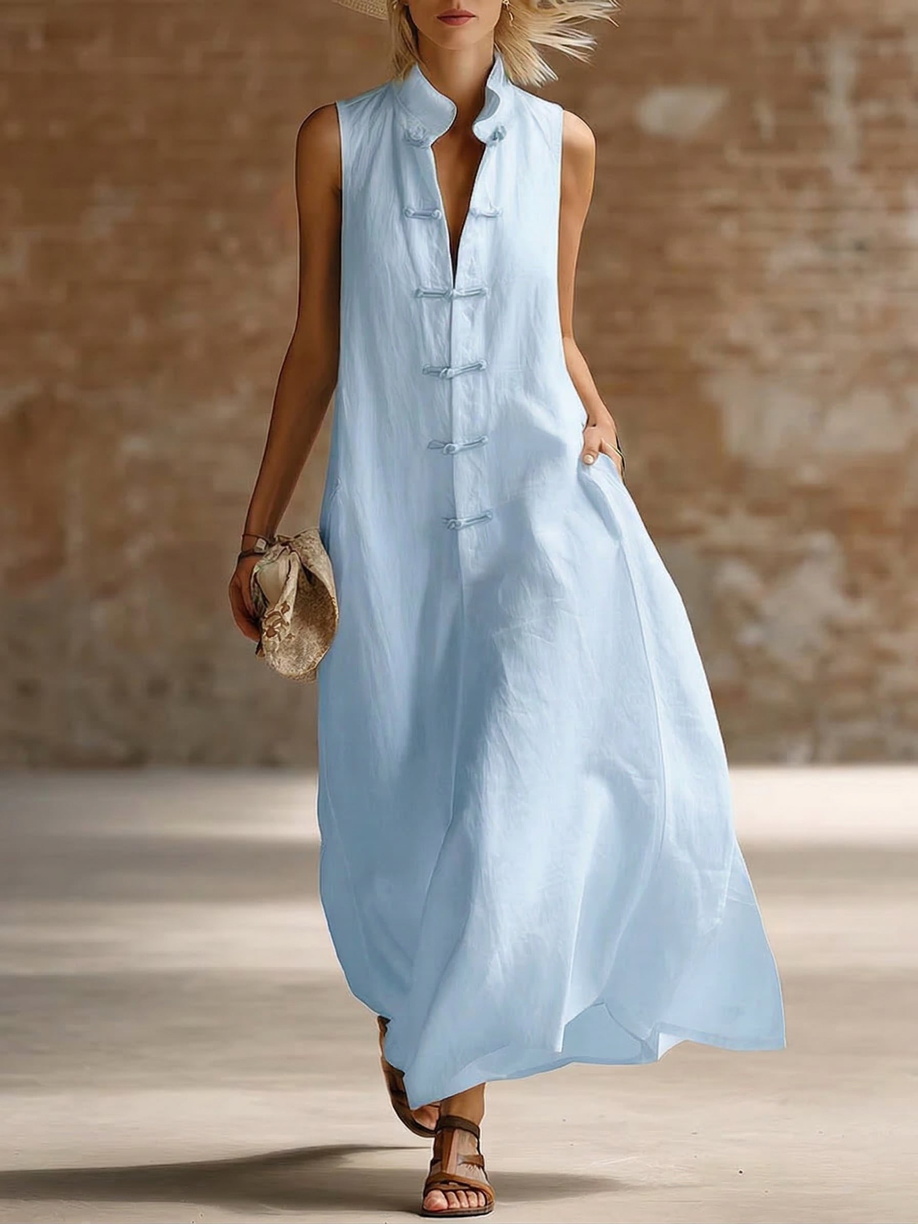 Stylish Stand-up Collar Frog Buttons Loose Linen-cotton Maxi Dress