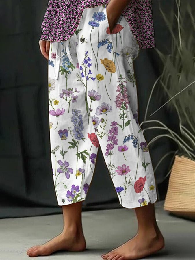 Women's Botanical Floral Design Print Lace-Up With Elastic Waist Loose Casual Pants