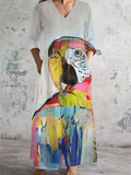 Women's V Neck Parrot Painting Art Cotton Linen Pocket Dress