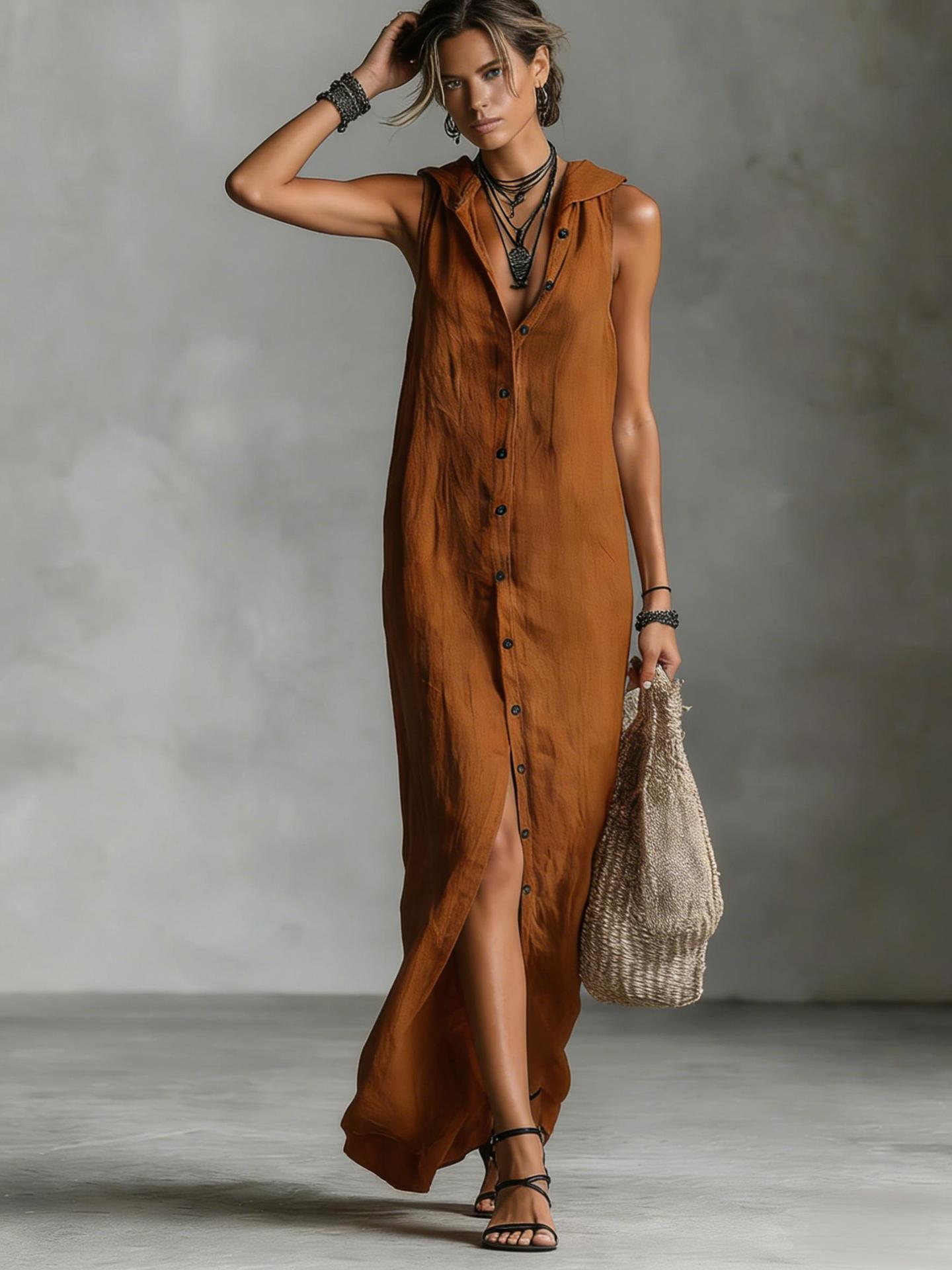 Women's Vintage Elegant Sleeveless Button-down Maxi Dress