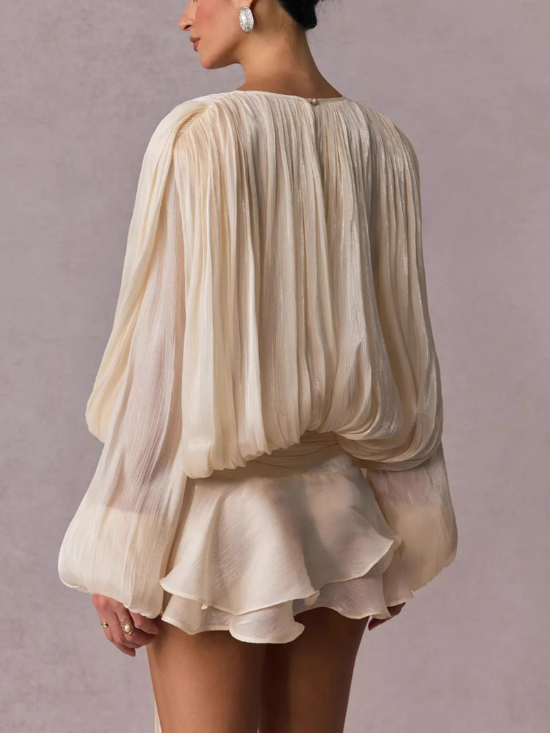 French-style ruffled and gathered short dress with leggings