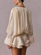 French-style ruffled and gathered short dress with leggings