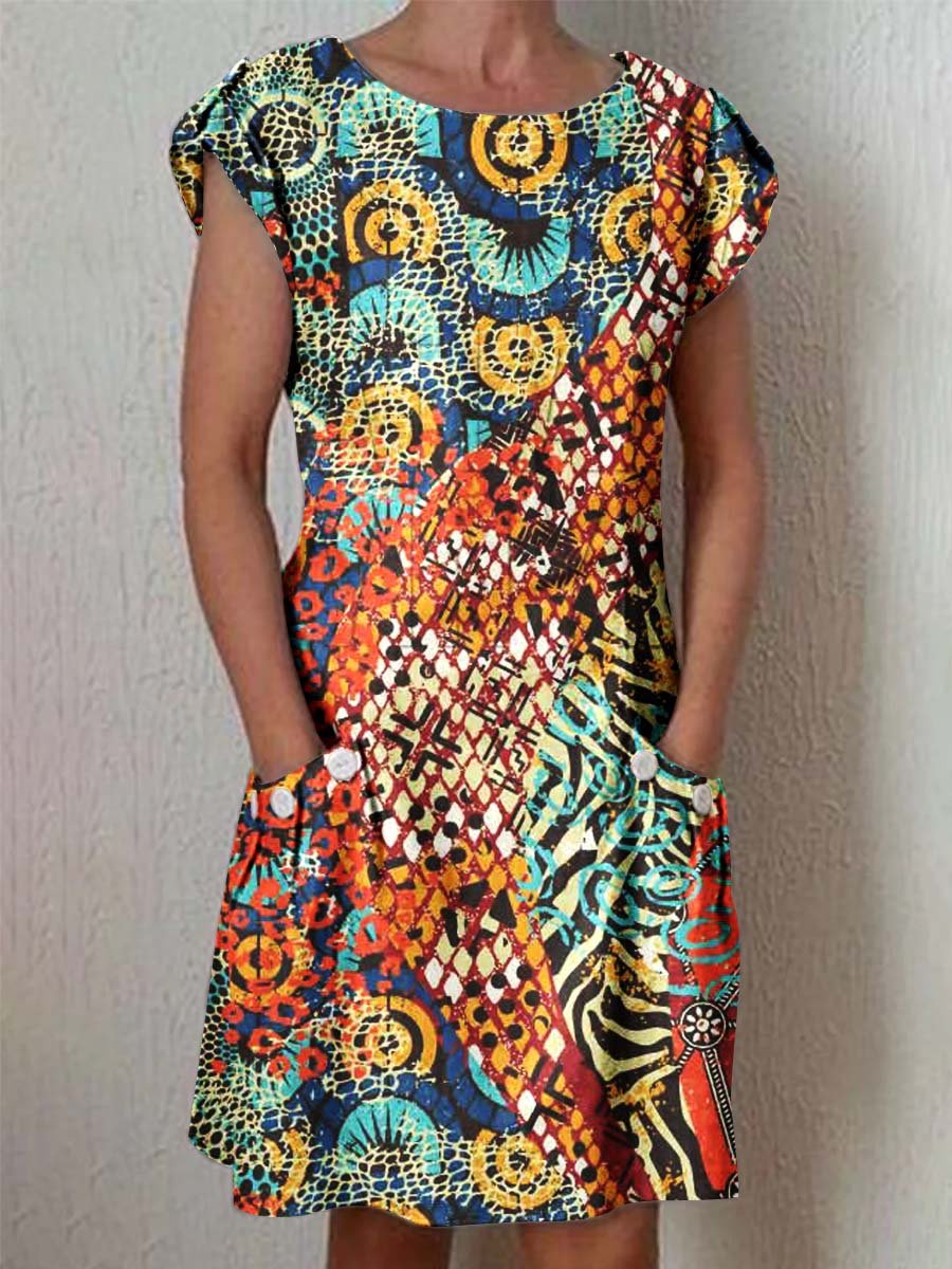 Women's Classic Art Floral Print Cotton and Linen  Dress