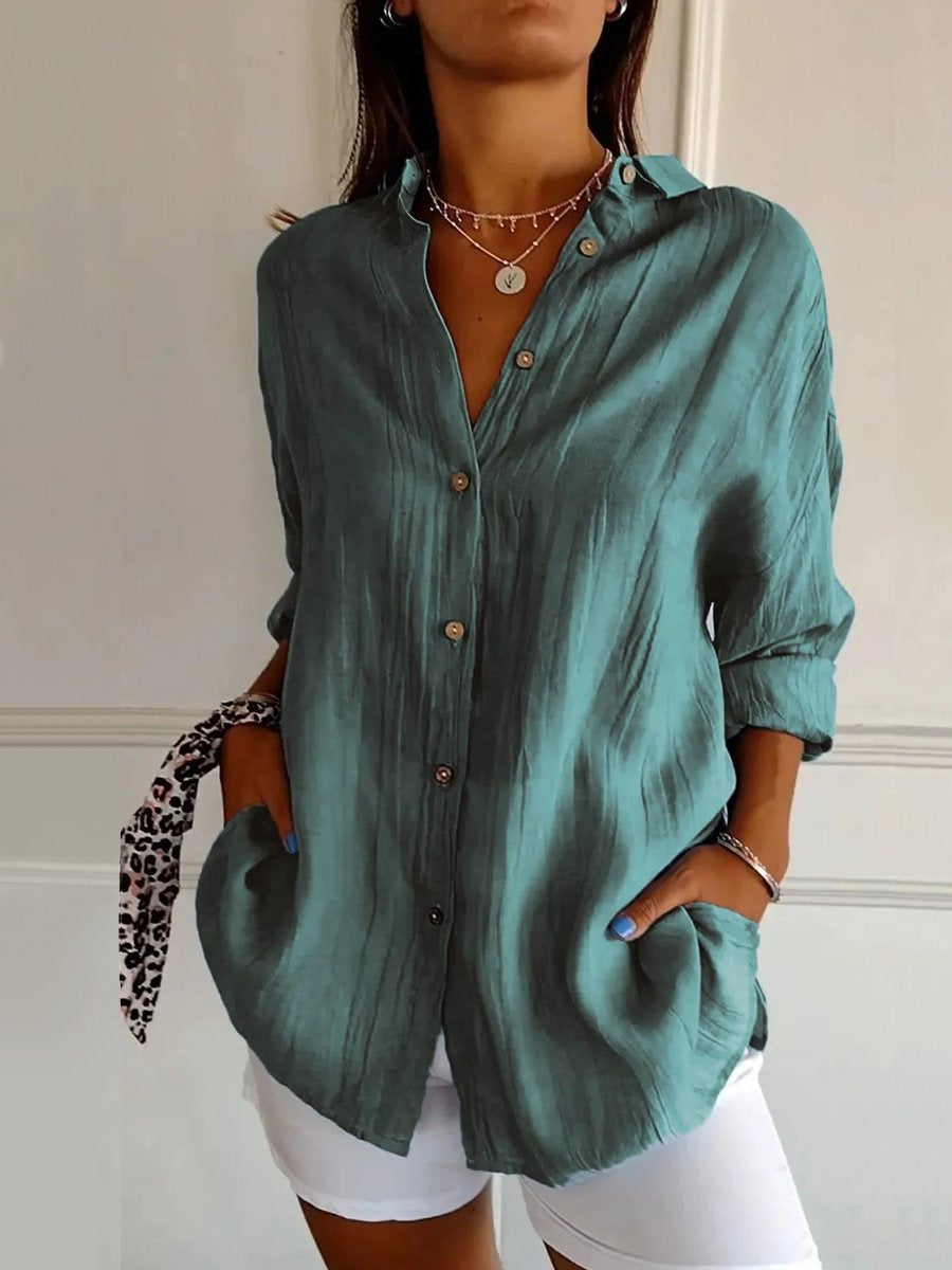 Women's Single-Row Buttons Pleated Solid Color Shirt