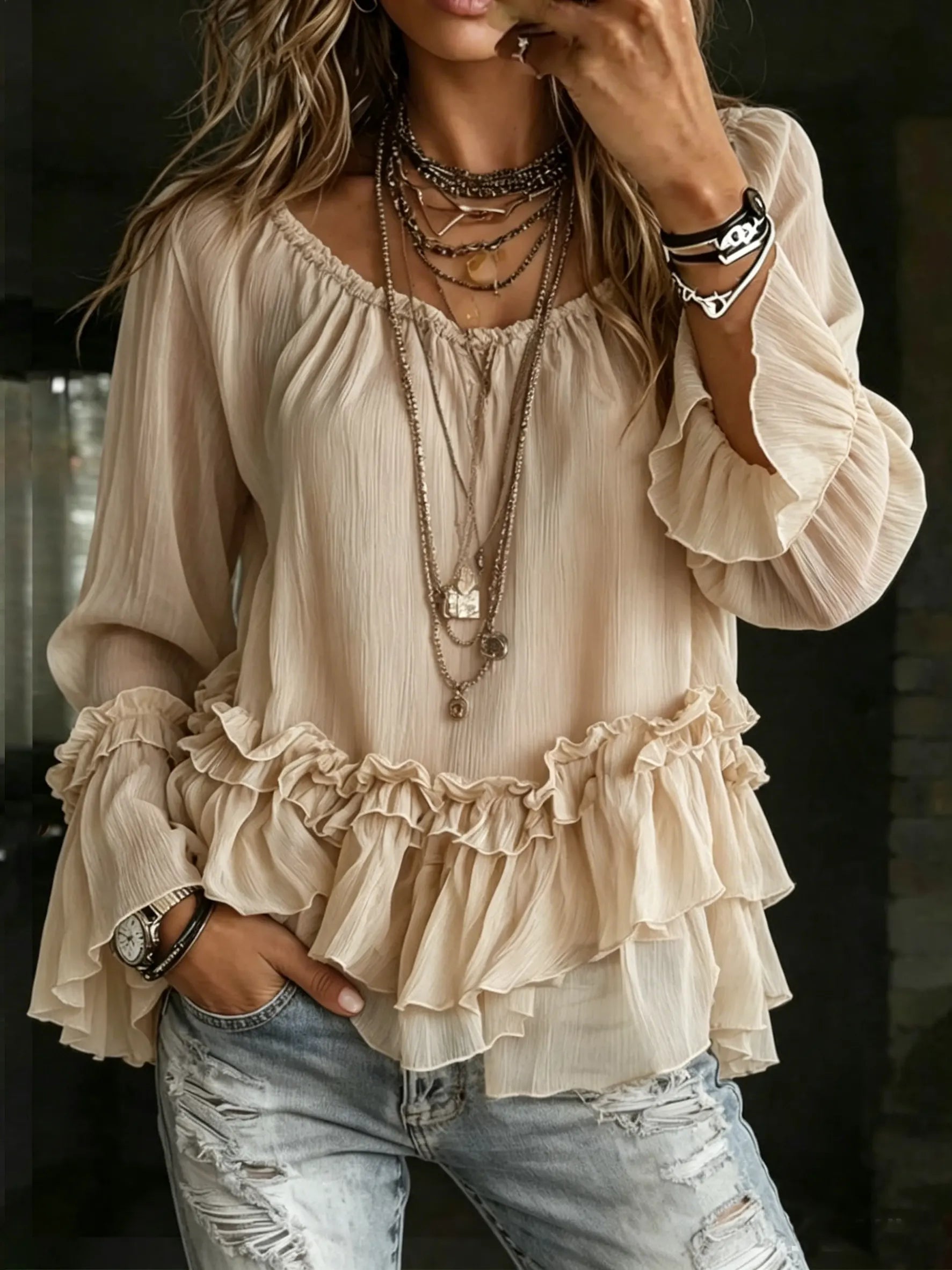 Women's Vintage Tiered Ruffled Bell Sleeve Top