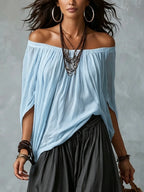 Light Blue Off-shoulder Top And Dark Gray Loose-fitting Lantern Pants Suit
