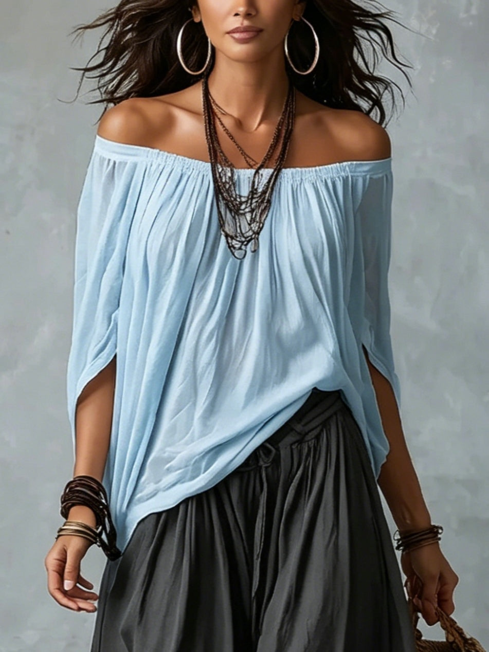 Light Blue Off-shoulder Top And Dark Gray Loose-fitting Lantern Pants Suit