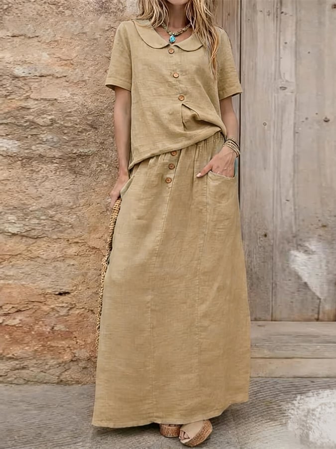 Women'S Casual Solid Color Cotton And Linen Loose Dress Two-Piece Set