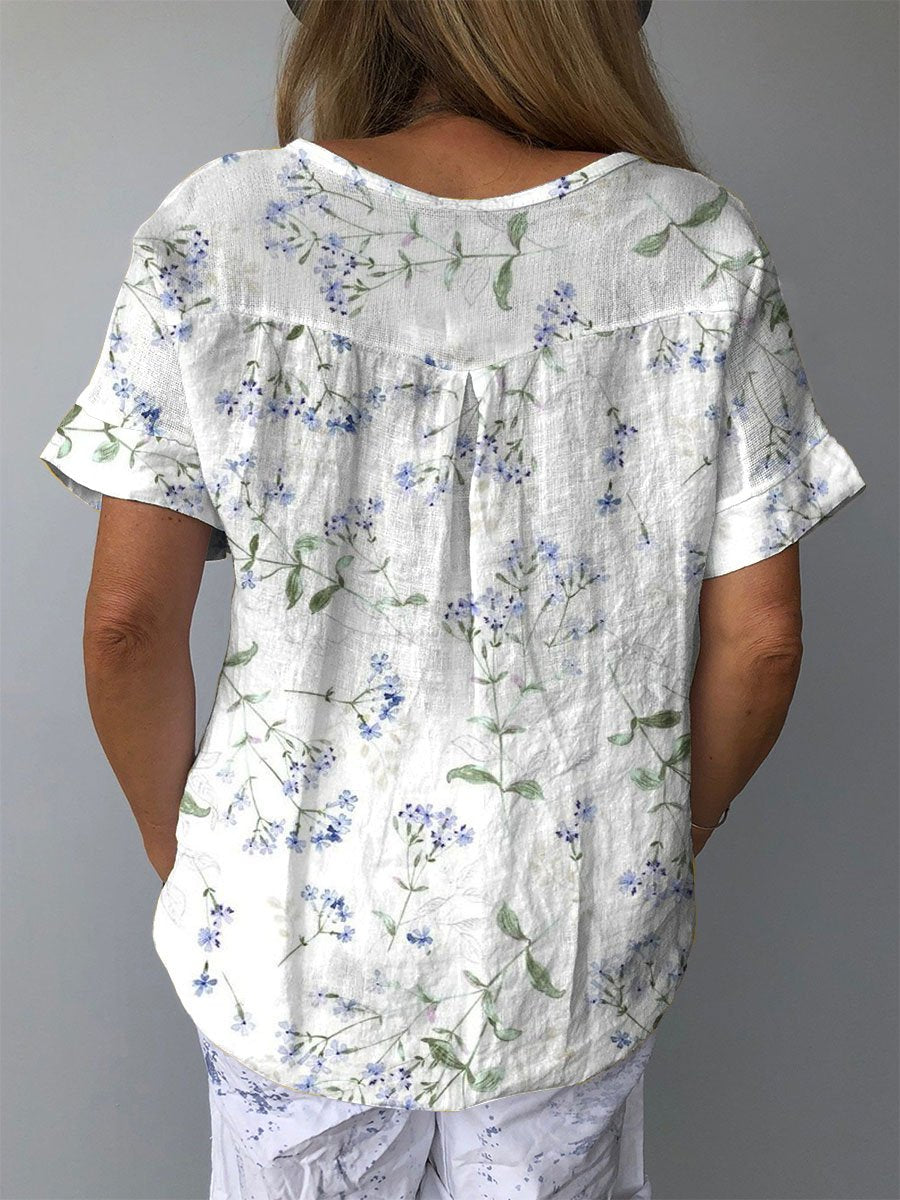 Women's Blue Floral Print On White Background Print Casual Cotton And Linen Shirt