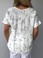 Women's Blue Floral Print On White Background Print Casual Cotton And Linen Shirt