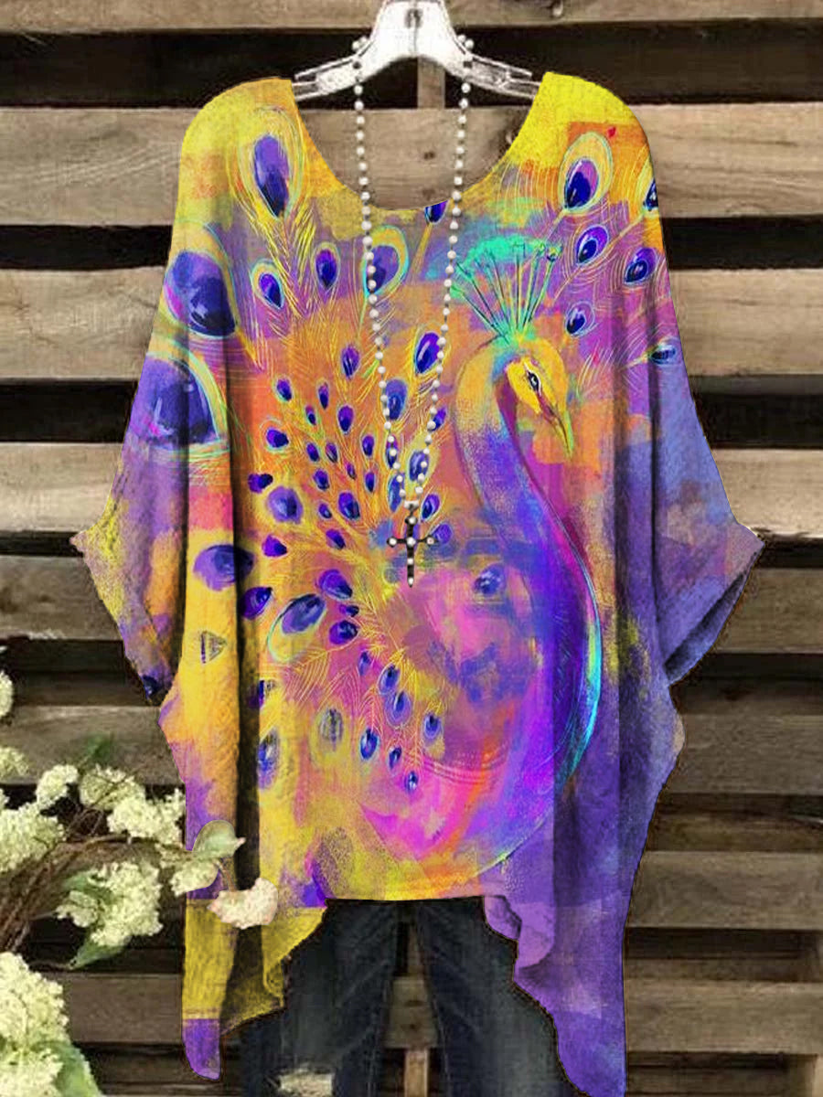 Women's Vintage Abstract Peacock Pattern Round Neck Top