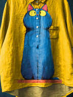Vintage Funny Cat Art Print Casual Cotton And Linen Shirt