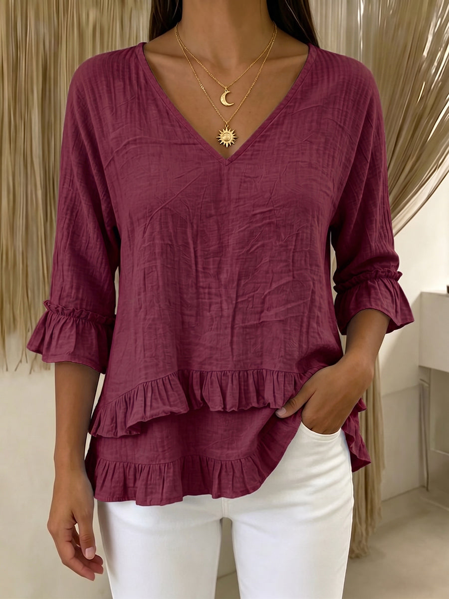 Casual Ruffled V-neck Cotton-linen Blouse Shirt