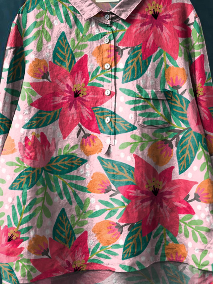 Women's Watercolor Flowers Floral Art Print Casual Cotton And Linen Shirt
