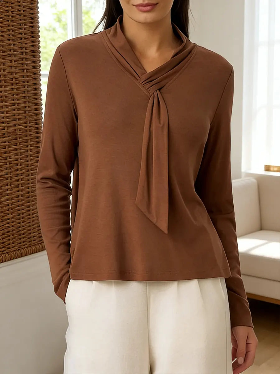 Women's solid color fashionable ribbon long-sleeved top