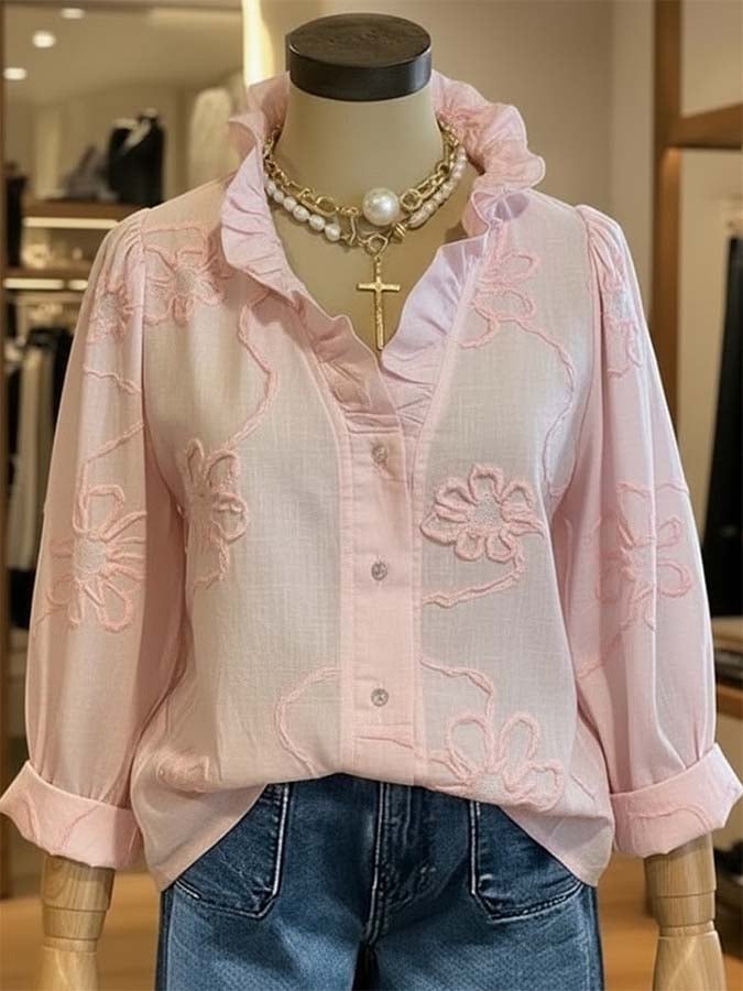 Women'S Casual Embroidered Ruffle Shirt