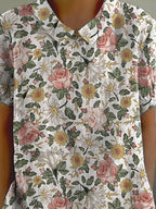 Retro Style Romantic French Garden Pattern Printed Women's Casual Cotton And Linen Shirt