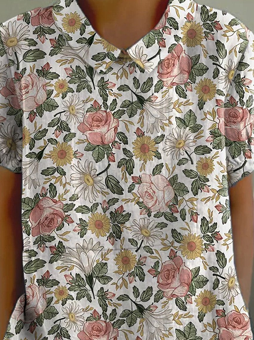 Retro Style Romantic French Garden Pattern Printed Women's Casual Cotton And Linen Shirt