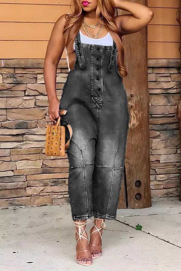 Fashion Casual Designer Style Denim Suspender Jumpsuit