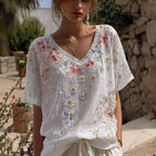 Women's Floral Embroidery Casual Cotton Linen T-shirt