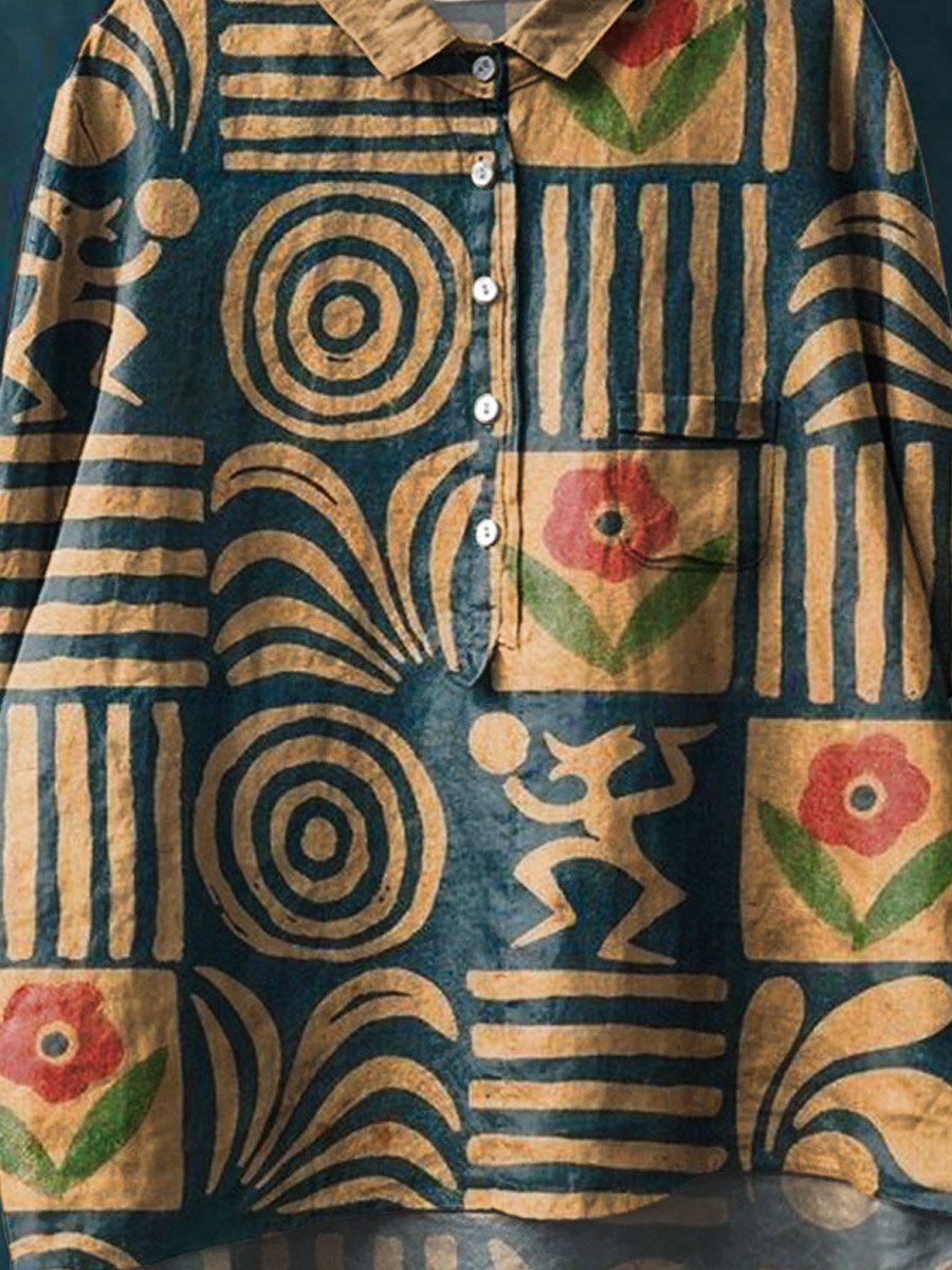 Vintage Ethnic Pattern Art Print Casual Cotton And Linen Shirt