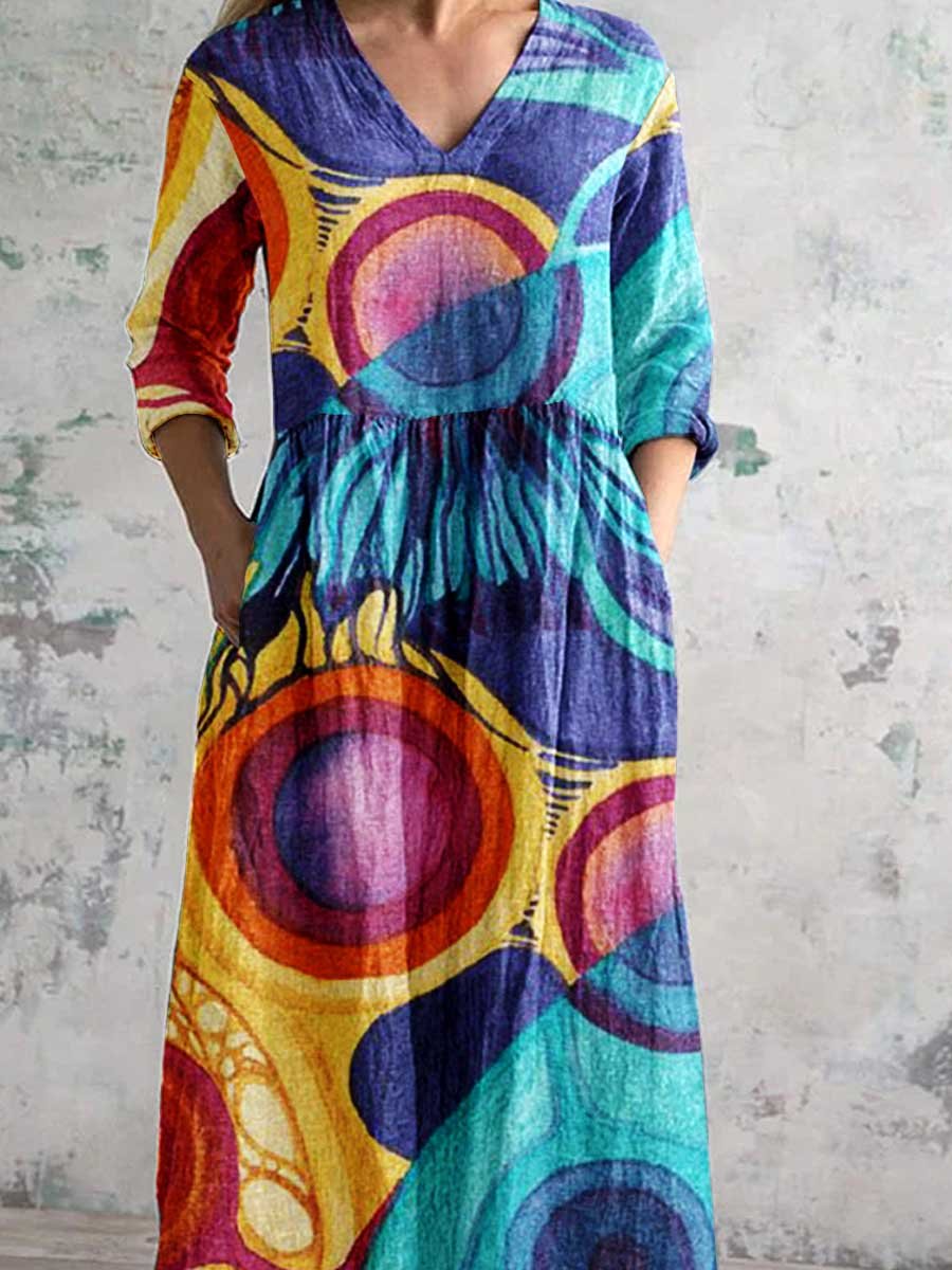 Women's Art Geometric Floral V Neck Cotton and Linen Dress with Pockets