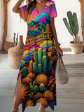 Women's V-Neck Cactus Mountain Landscape Art Print Dress