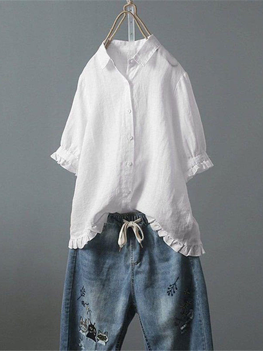Women's Cotton and Linen Casual Single-Row Button Ruffle Shirt