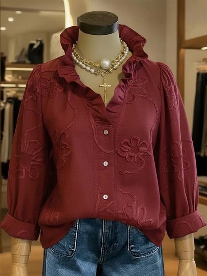 Women'S Casual Embroidered Ruffle Shirt