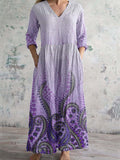 Women's Gradient V-Neck Pellis Print Pattern Cotton Dress